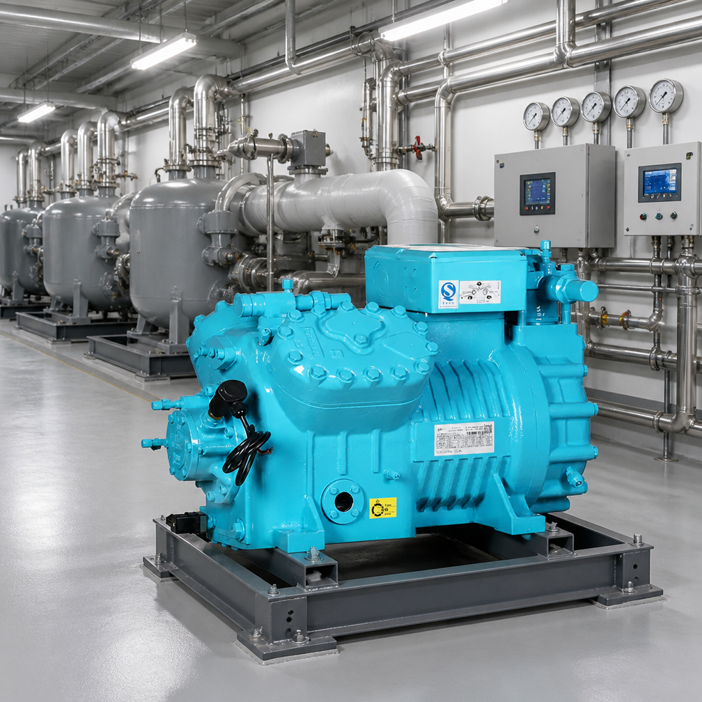 Compresseur de réfrigération alternatif à quatre cylindres pour systèmes de machines à glace en bloc