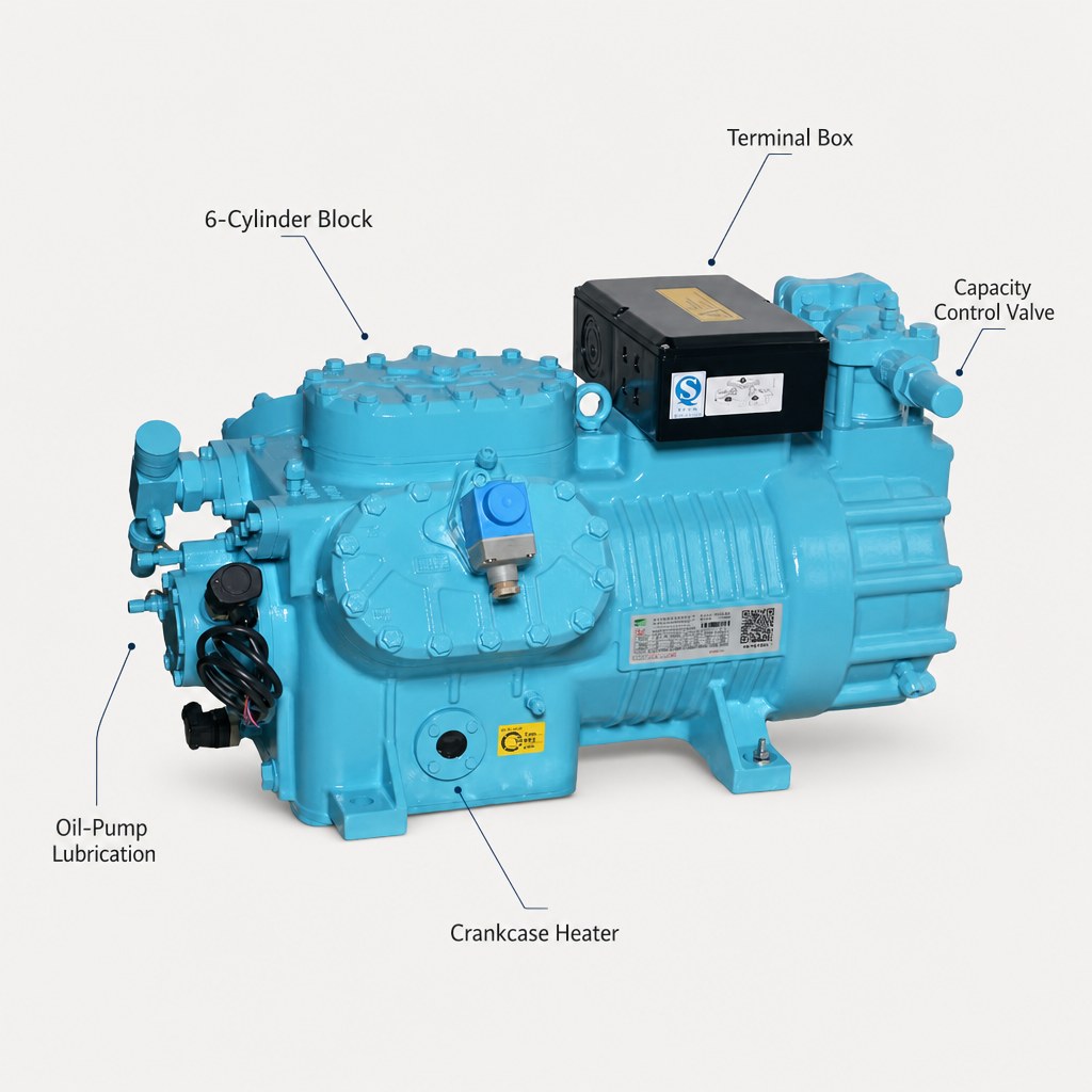 Compresseur de réfrigération à piston six cylindres à haut rendement pour les équipements marins et les systèmes de refroidissement de processus industriels