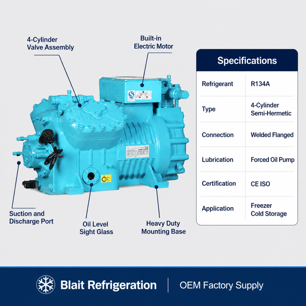 Compresseur de réfrigération alternatif à quatre cylindres pour systèmes de machines à glace en bloc