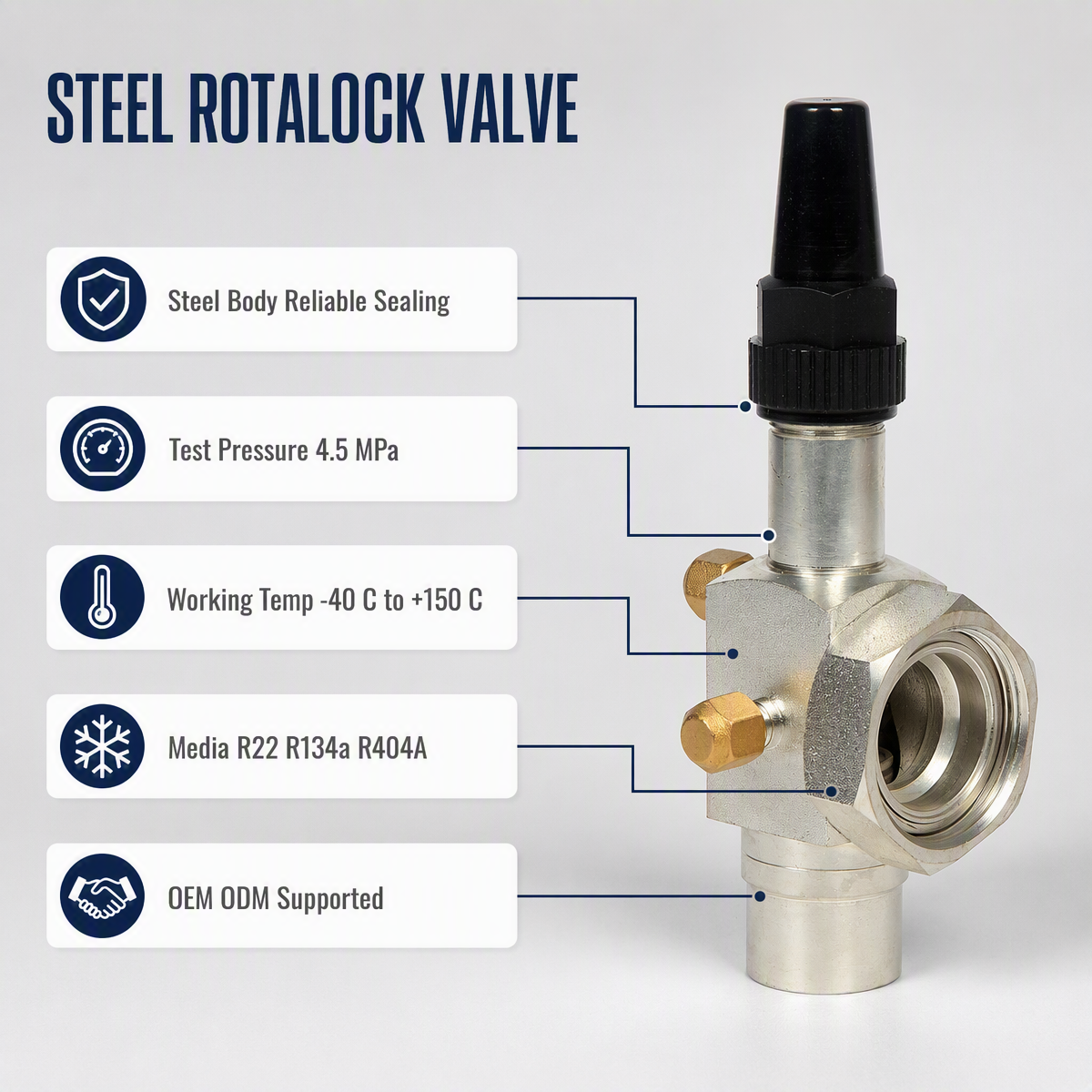 Vanne d'arrêt en acier Rotalock, pour compresseur de réfrigération, unité de condensation, stockage au froid, fourniture d'usine OEM